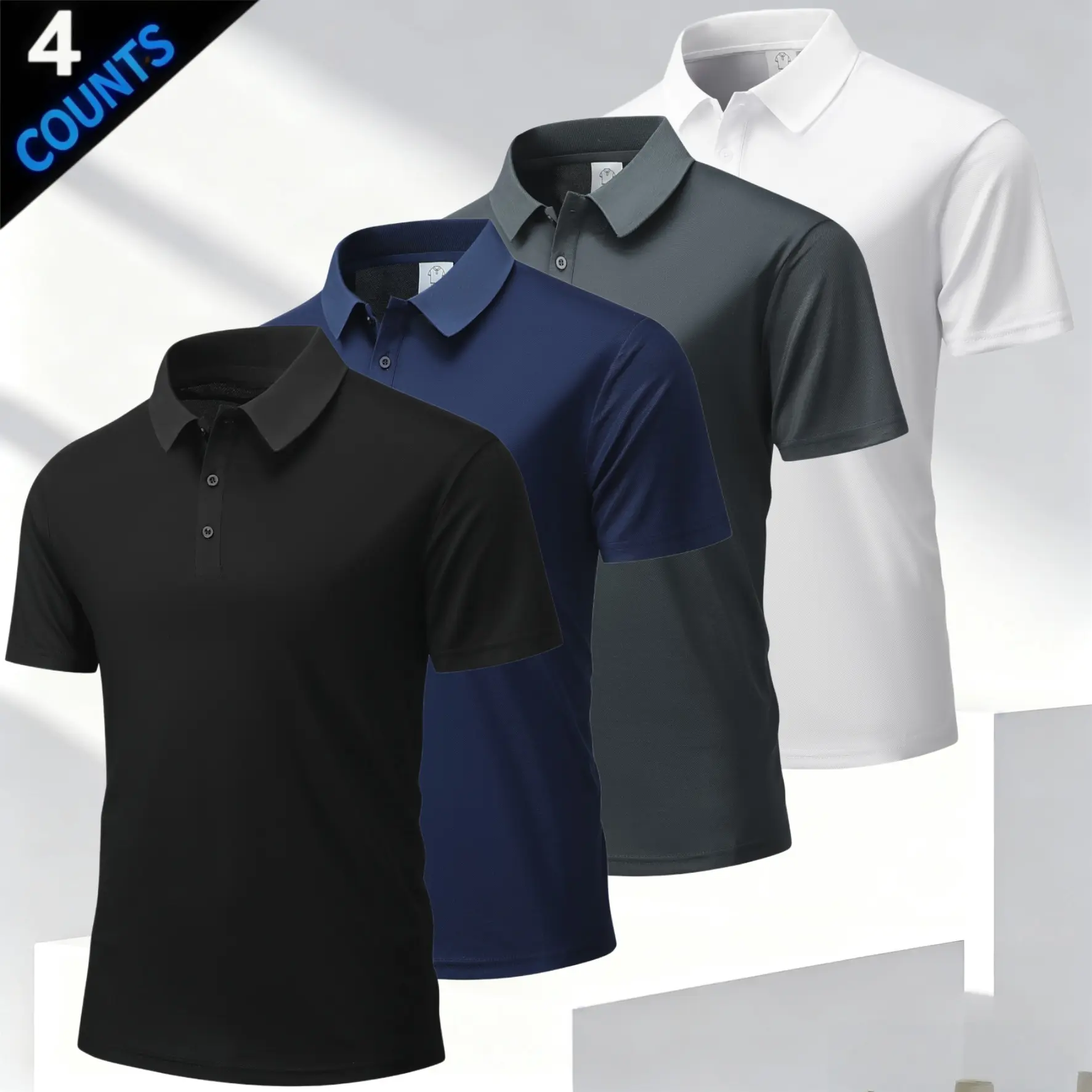 Four solid color men’s polo shirts in a business casual style featuring a classic turn down collar design with refined button detailing. Short sleeves offer a versatile fit for multiple seasons, while the mesh fabric is breathable and skin friendly. A sli