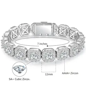 [Iced Out Hiphop Bracelet] GEMSME 12MM Square Zirconia Halo Tennis Bracelet 2 Colors VVS1 Clarity Hypoallergenic Perfect Gifts for Men Women Birthday Engagement Wedding Party Accessories B-0006