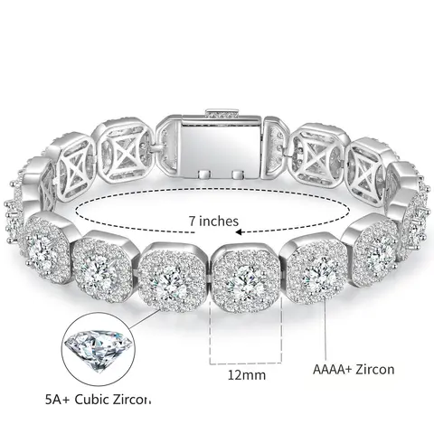 [Iced Out Hiphop Bracelet] GEMSME 12MM Square Zirconia Halo Tennis Bracelet 2 Colors VVS1 Clarity Hypoallergenic Perfect Gifts for Men Women Birthday Engagement Wedding Party Accessories B-0006