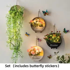 Home Wall Hanging Flower Basket Set with LED Lights and Butterfly Stickers, Artificial Flower Wall Decor for Bedroom, Living Room, Dorm, Cozy Room Decor