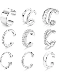 Versatile 9 Pcs Silvery Simple Adjustable Ear Cuffs Trendy Fake Piercing Ear Copper Cartilage Cuff Earrings for Women Men Fashionable Classic Non Piercing Jewelry Set