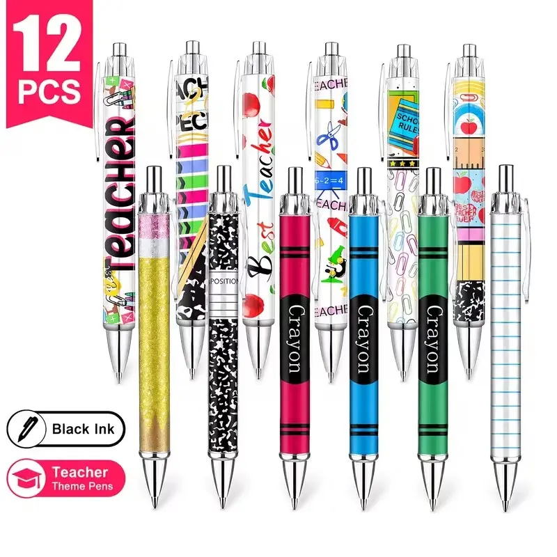 12-Piece Teacher Theme Ballpoint Pen Set, Ink, Creative School Design, Perfect Gift for Teachers' Day, Essential for Classroom Office Use, Teacher Ballpoint Pens