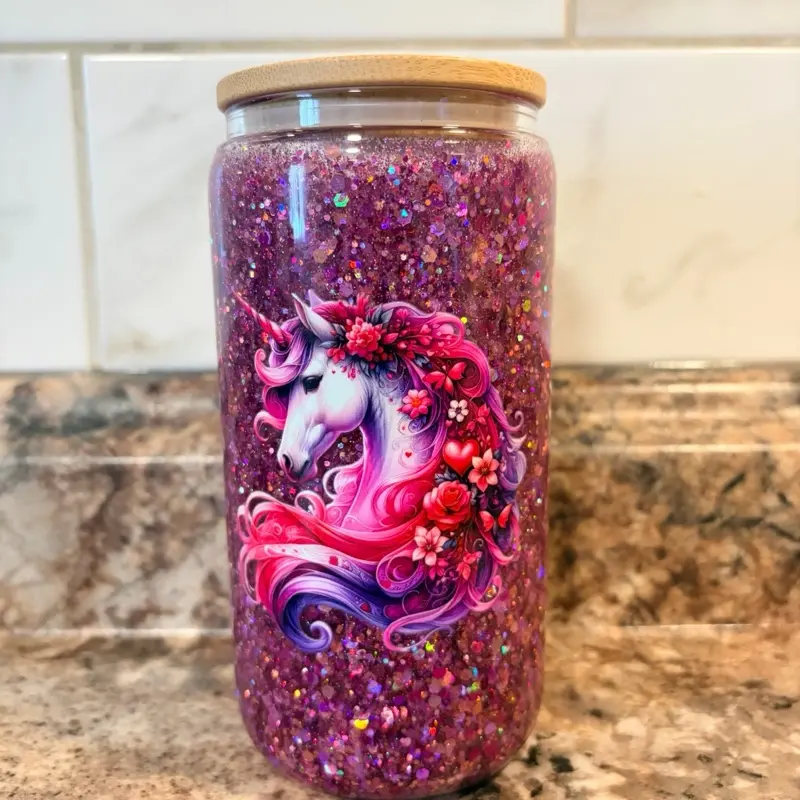 Purple & Pink Unicorn Glass Tumbler