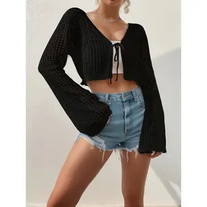 Women’s Aesthetic Vibe Knitwear Crochet Tie-Front Open-Front Cardigan, Long-Sleeve Flared Breathable Boho Fit Shrug, Beach Cover-Up for Outdoor Summer Soccer Game Day