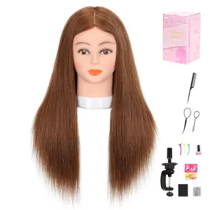 Mannequin  Human Hair 22-24"  Manikin  with  Real Human Hair for Hairdresser Practice with Free Clamp Holder and Tools (Dark Brown)