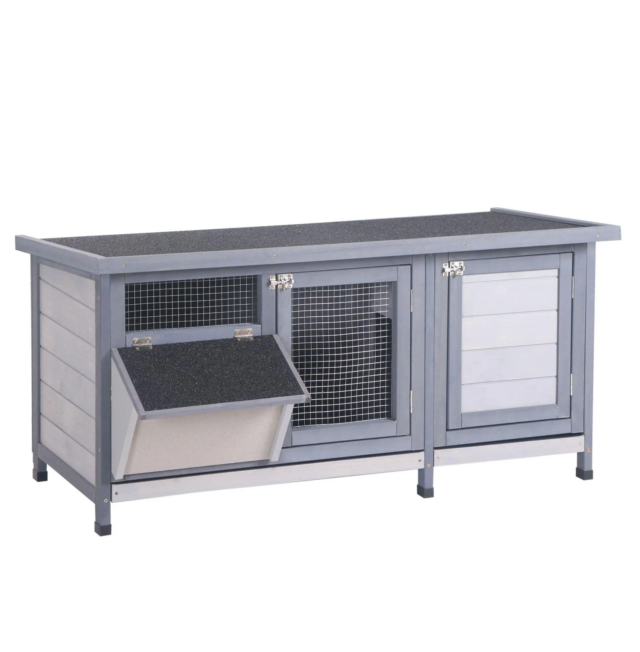 Fir Wood Rabbit Hutch - Single Unit Indoor-Outdoor Wooden Bunny Cage with Waterproof Roof, Easy Cleaning Feature, Gray Small Animal House