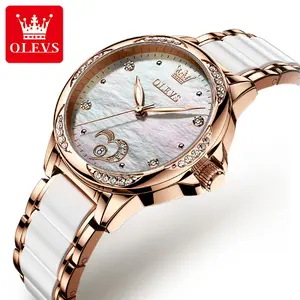 OLEVS Watch for Women Automatic Self Winding Mechanical Ladies Wrist Watch Big face Two Tone Stainless Steel Ceramic Bracelet Heart Diamond Fashion Luxury Ceramic Band Luminous Waterproof 6631