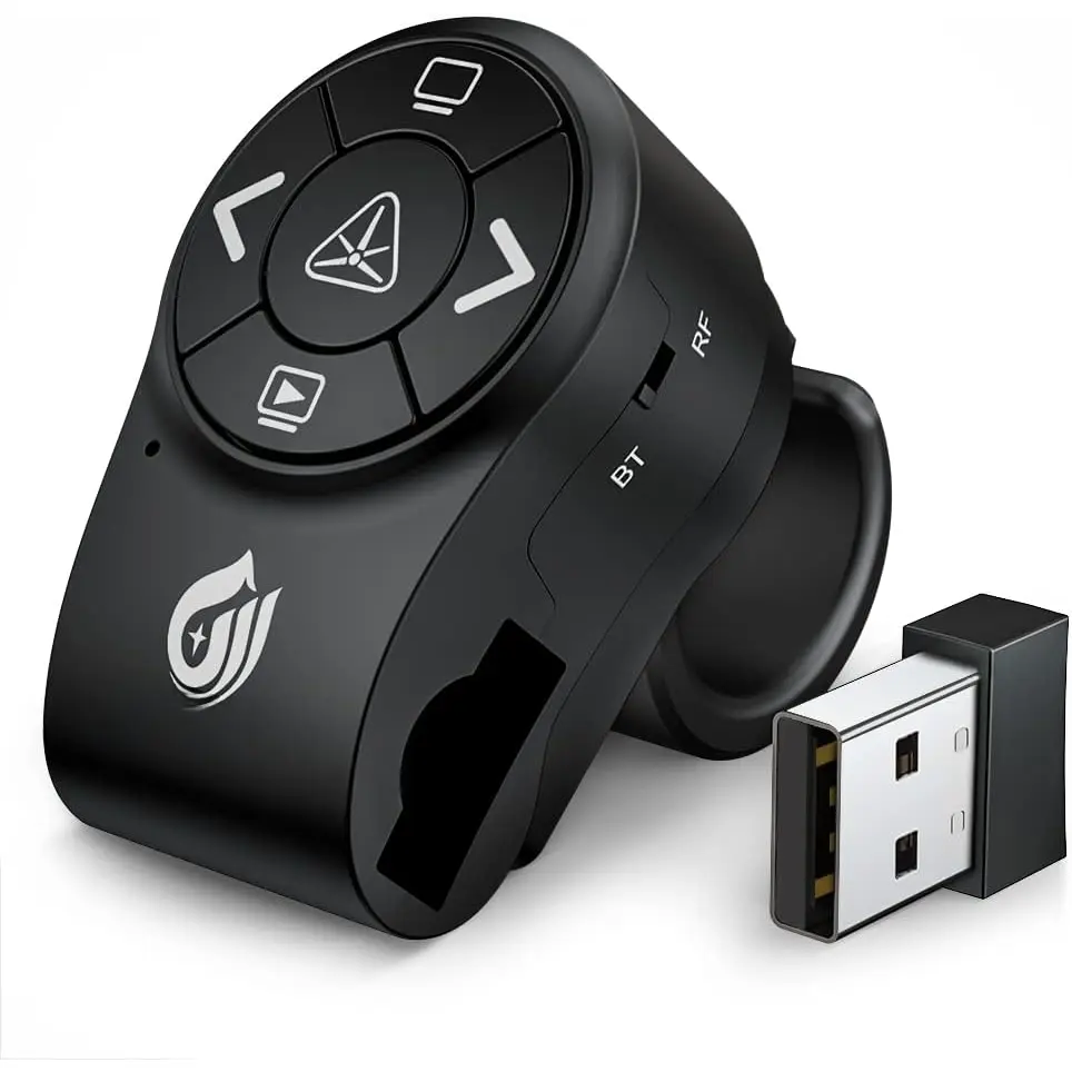 Presentation clicker for PowerPoint presentations, RF 2.4GHz Finger Ring Remote, PPT Slides Rechargeable