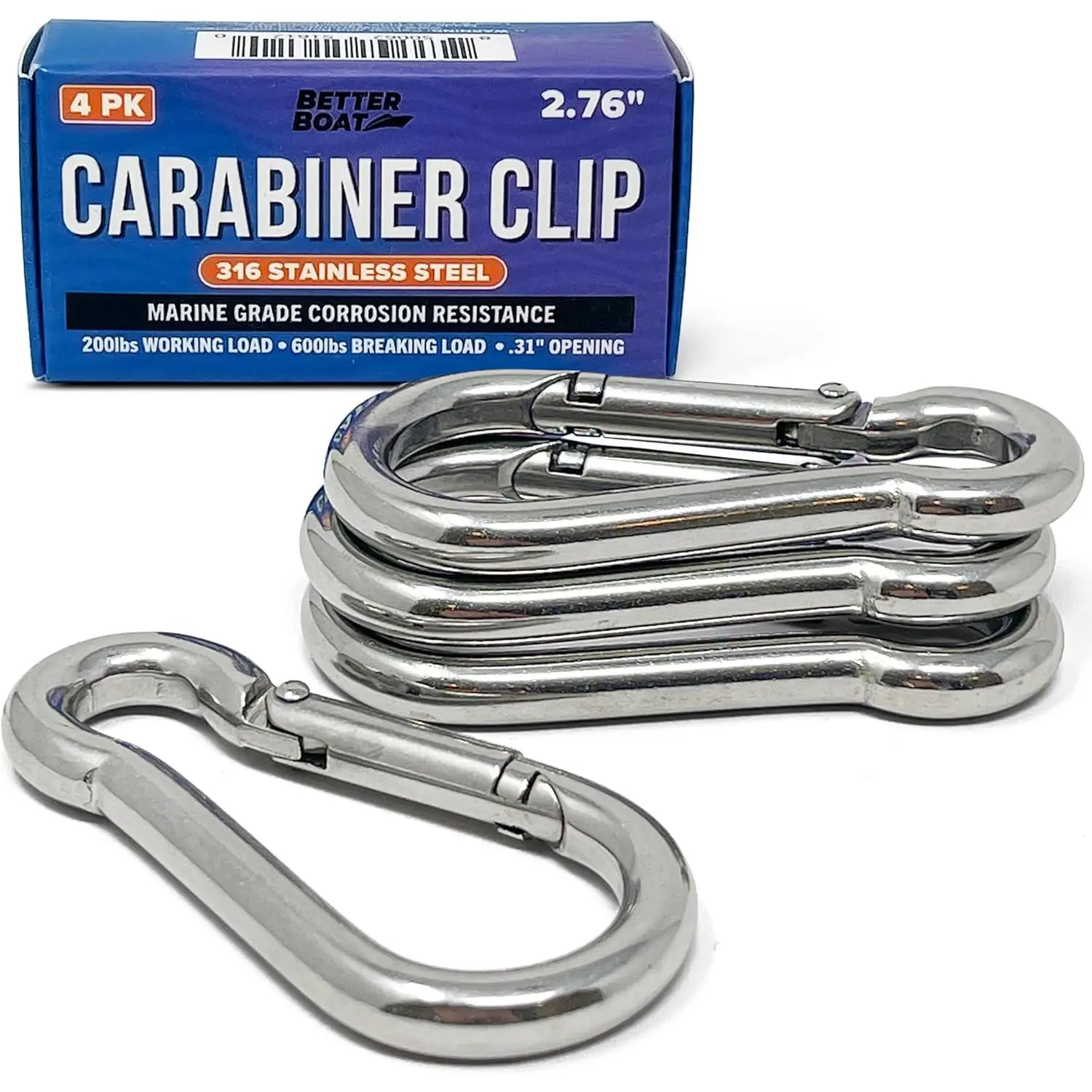 4-Pack Marine Grade Corrosion-Resistant 316 Stainless Steel Carabiner Clips, Heavy-Duty Multi-Size Spring Snap Hooks with 2" to 4" Options, Corrosion-Proof for Boating with Quick, Smooth and Secure Attachment, 5 Sizes, 1.57 Inches