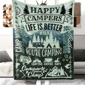 Camping Theme Gift Blanket For Women Men Lovers Flannel Blanket, Happy Campers Decor Outdoor Blanket, Campsite Travel Hiking Happy Campers Throw Blanket