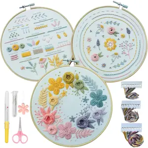 3 Pack Embroidery Kit for Beginners with Instruction & Video to Learn 22 Different Stitches, Stamped Embroidery Patterns Hand Embroidery Kit for Adults