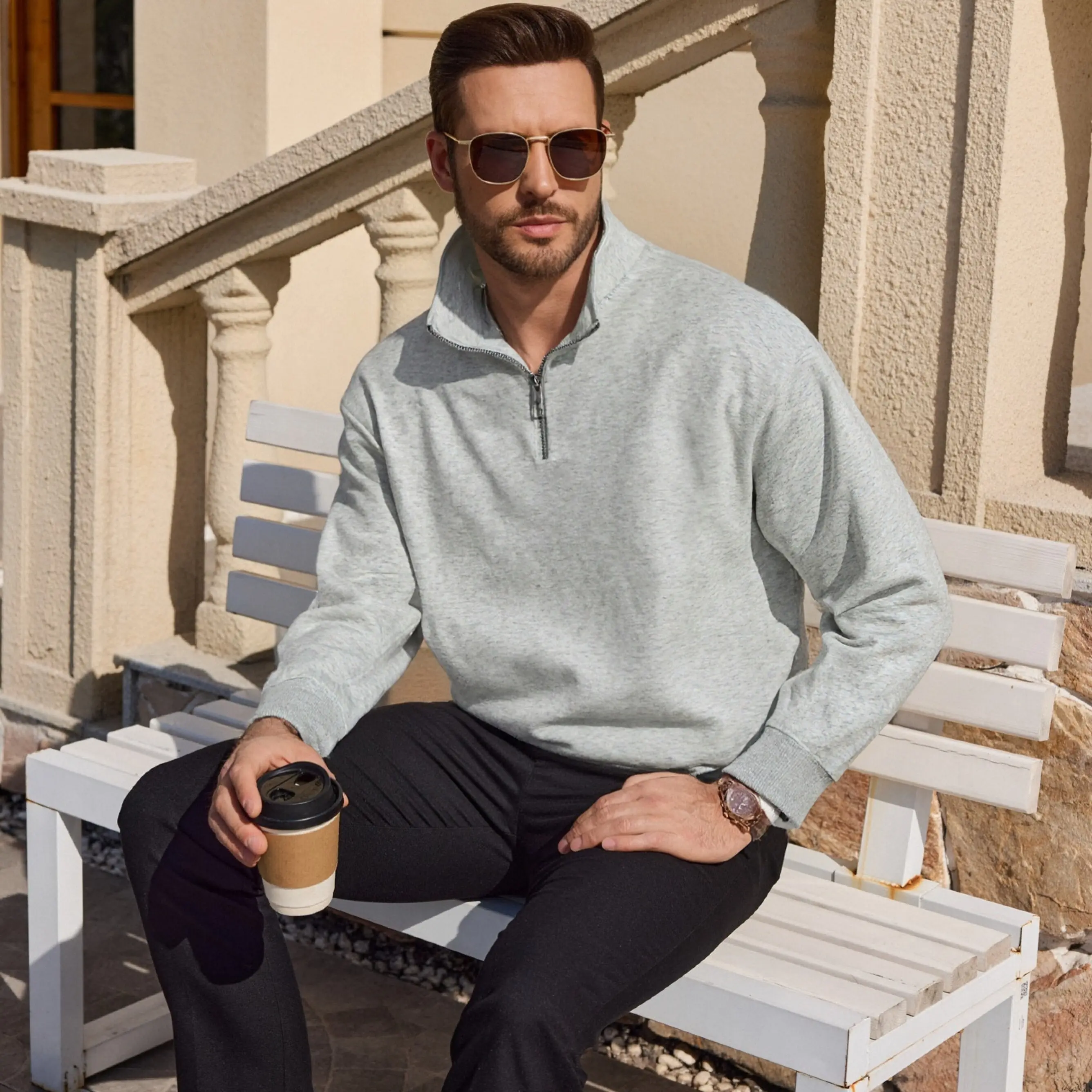 Men's Quarter-Zip Pullover Sweatshirt - Soft, Breathable Ribbed Fabric Polo Collar Long Sleeve Versatile Layering Menswear Top for Casual, Work - Pair with Jeans, Pants, Tee, Tops, Classic, Casual Cozy Sweatshirt, Sporty Chic, Athletic, Plain, Male Clothi