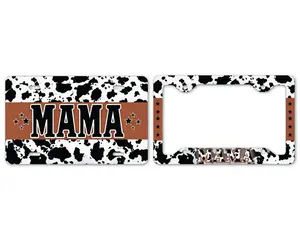 Cow Print MAMA License Plate & Frame Set - Western Cowhide Mom Car Tag 100% Aluminum