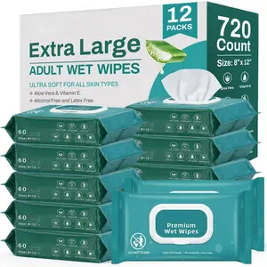 720 Count (12 Packs of 60) Wipes for Adults, 8" x 12" Extra Large Wet Wipes for Incontinence & Cleansing, Disposable Body Shower & Bath Wipes for Elderly Bathing No-Rinse - Vitamin E & Aloe