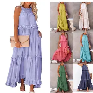 SummerNewVacationStyleRuffleLongDressLargeSwingFlowingBeachDressWomenCasualBasicSimpleSleevelessSummerClothing