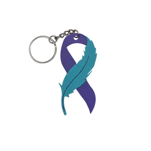 Suicide Prevention Feather Ribbon Keychain with Double Ring Purple & Teal Awareness Ribbon 3D Printed Durable Metal Keyring Attachment