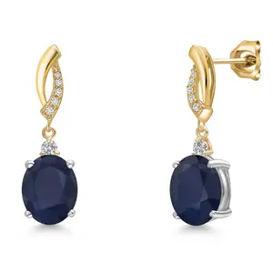 Gem Stone King 925 Silver and 10K Yellow Gold Blue Sapphire and Lab Grown Diamond Dangle Earrings for Women | 6.19 Cttw | Gemstone September Birthstone | Oval 10X8MM