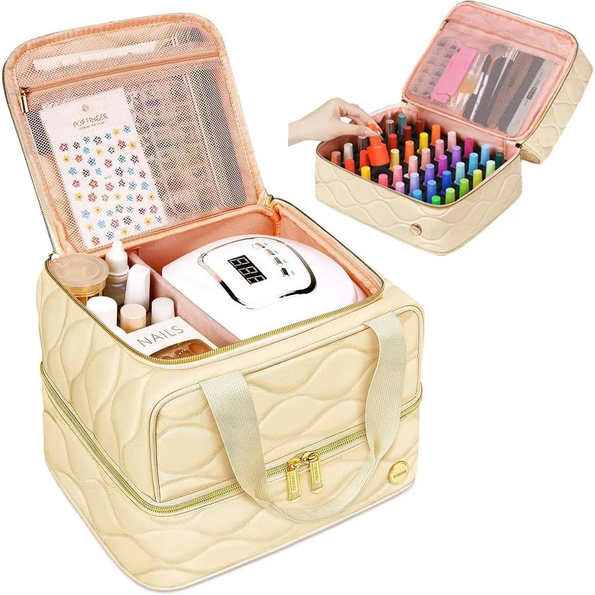 YOREPEK 2 Layer Nail Polish Organizer Case for 42+ Bottles (15ml/0.5 fl.oz) | Nail Kit Bag with Compartments for Nail Supplies, Nail Stuff, UV Lamp, Nail Tech Organizers and Storage for Manicure Tools