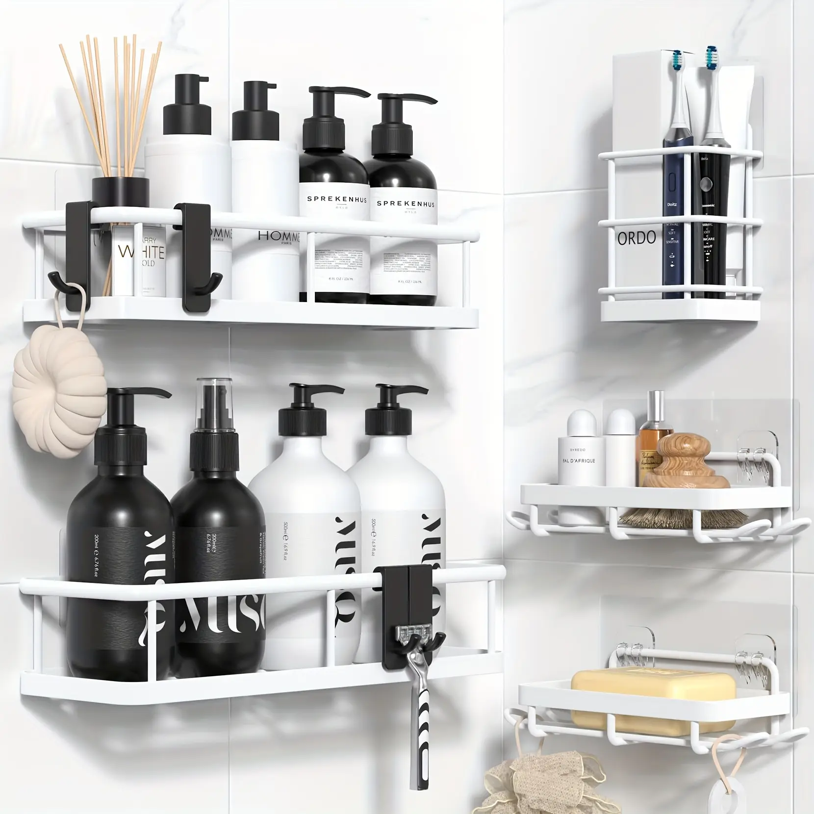 Modern Stainless Steel Shower Caddy - 5-Pack Bathroom Accessory Set with Adhesive Shower Organizer Shelves, Soap Holder, Rustproof No-Drill Storage for Bathroom, Bathtub, Jabukosu
