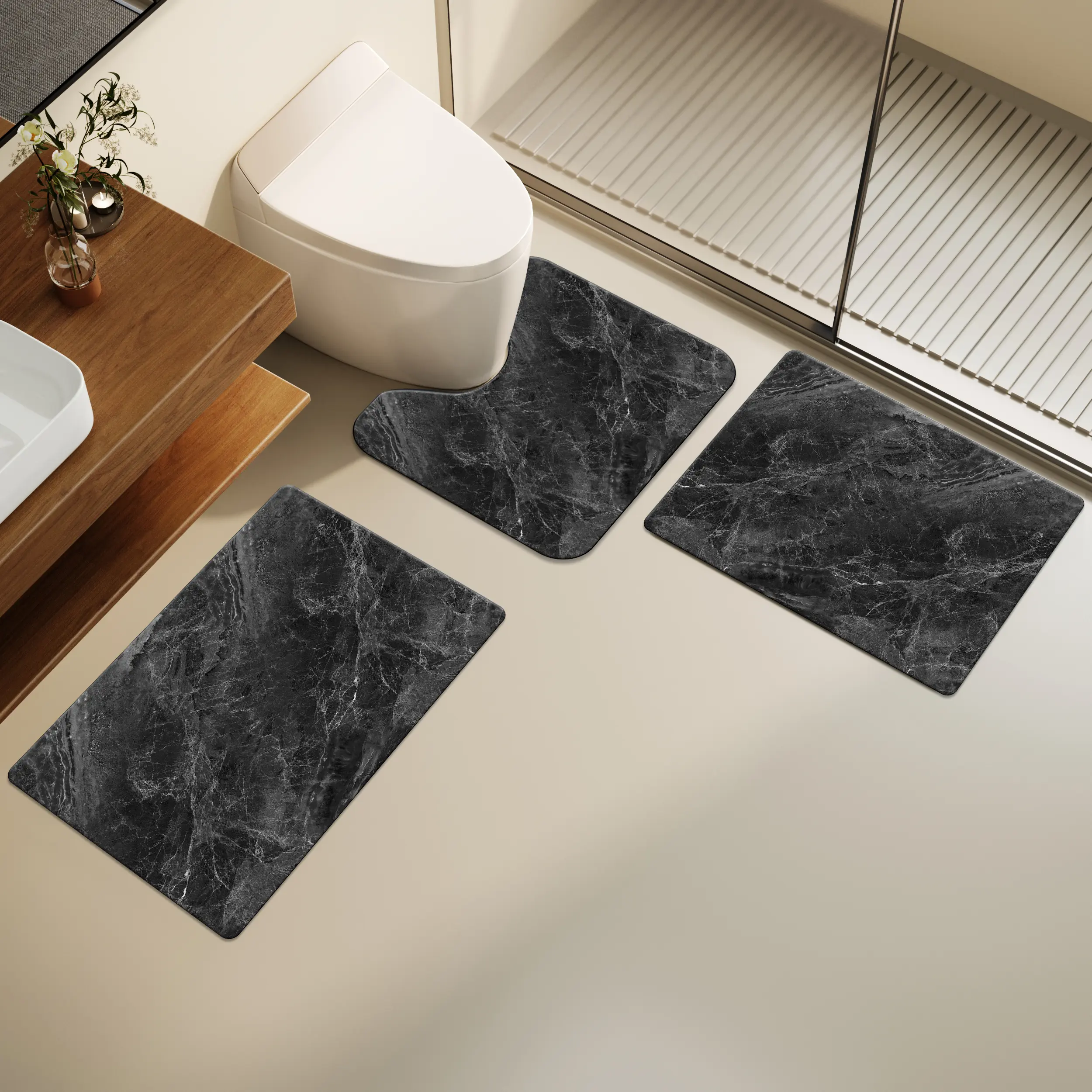 3-Piece Set Bathroom Mat , 0.3-Inch Thick, Rubber Non-Slip Foot Pad, Absorbent Quick-Dry Mat, Suitable For Bathroom Entrance, Under Sink, Toilet Mat, Kitchen Damp Areas, Hotels, Guesthouses, Etc.