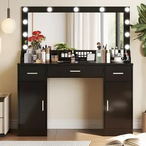 47.2” Vanity Desk with Large Mirror, 3 Colour Lighting Modes, Adjustable Brightness, Dresser with 3 Drawers & 2 Vertical Cabinets, Makeup Vanity Table for Women Girls（Black）