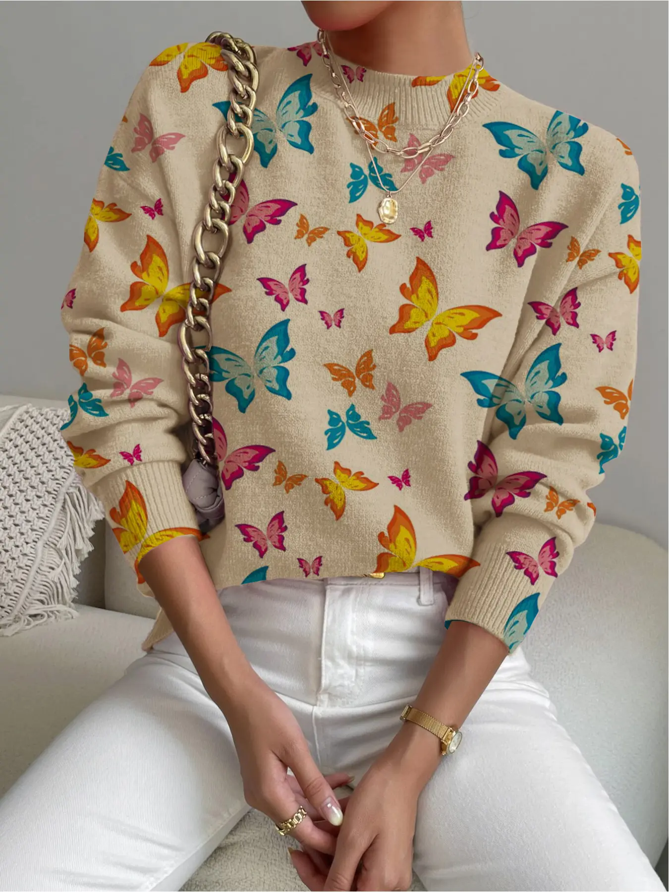 Women's Butterfly Print Stand Collar Sweater, Fall Winter Casual Long Sleeve Knitwear, Comfortable Warm Daily Wear