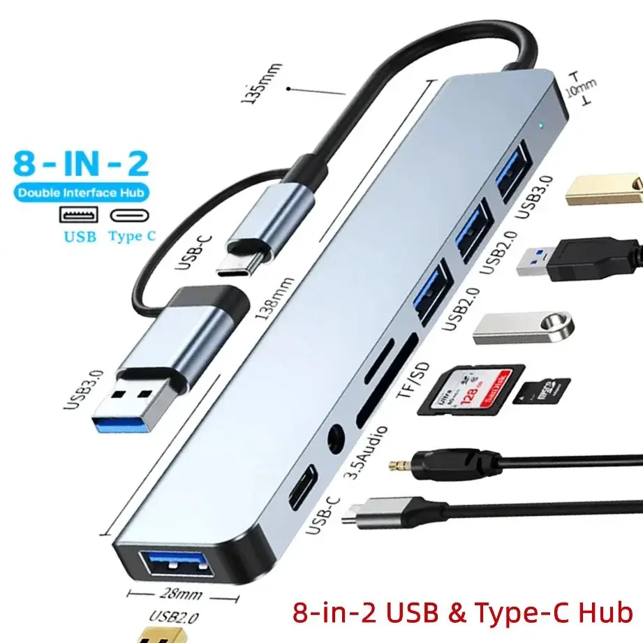 8-in-2 USB-C Hub with 3.0 Ports, SD/TF Card Reader, 3.5mm Audio Jack - Extender Splitter for MacBook, PC, Laptop & Tablet Devices