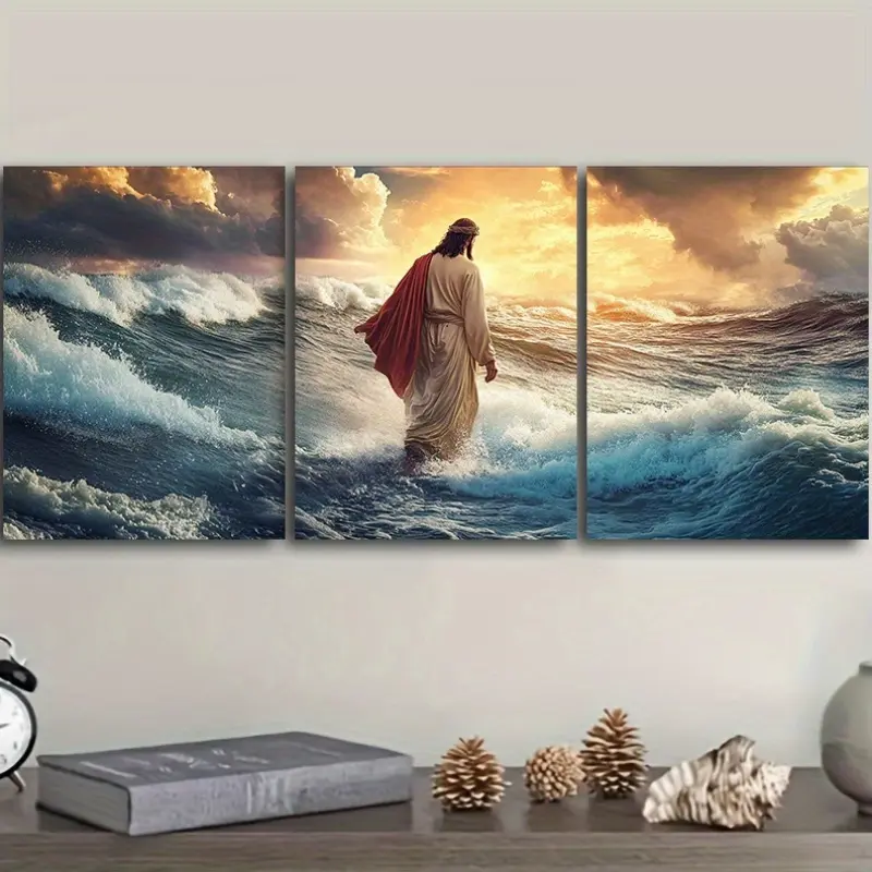 3-piece Jesus Walking on Water Wall Art Set-Large triptych religious Christian icons, canvas painting wrapped in a wooden frame (each piece is 1181x15.75inch )Suitable for home, church, office-Bible triptych panel, seamless multi-panel display,Framed Wall
