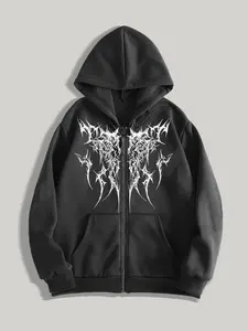 Men's Gothic Style Graphic Zip Up Hoodie, Hot Trending Hoodies, Regular Fit Casual Street Long Sleeve Hooded Sweatshirt for Fall & Winter, Men's Clothes for Daily Wear