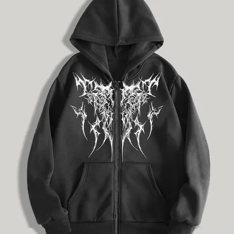 Men's Gothic Style Zip Up Hoodie, Regular Fit Casual Street Long Sleeve Hooded Sweatshirt for Fall & Winter, Men's Clothes for Daily Wear