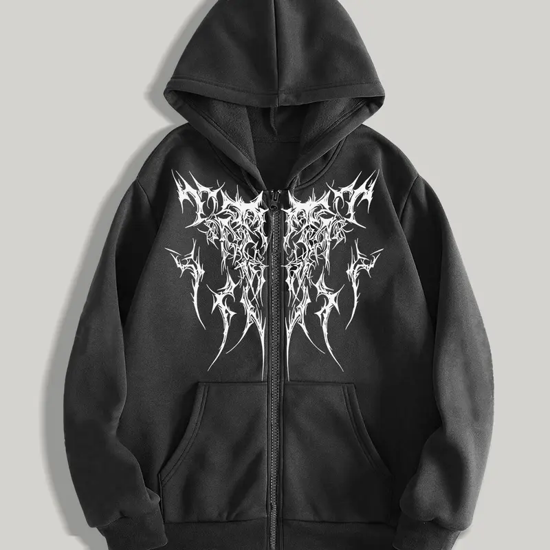 Men's Gothic Style Zip Up Hoodie, Regular Fit Casual Street Long Sleeve Hooded Sweatshirt for Fall & Winter, Men's Clothes for Daily Wear