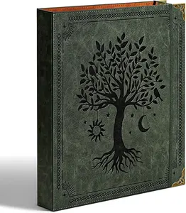 Leather D Ring Binder Fits 8.5"x11" Letter Size Paper, 1.5 Inch EZD Ring Binders Holds 400 Sheets, Notepad Paper Cover Loose Leaf Organizer with Inner Pockets, Green Tree