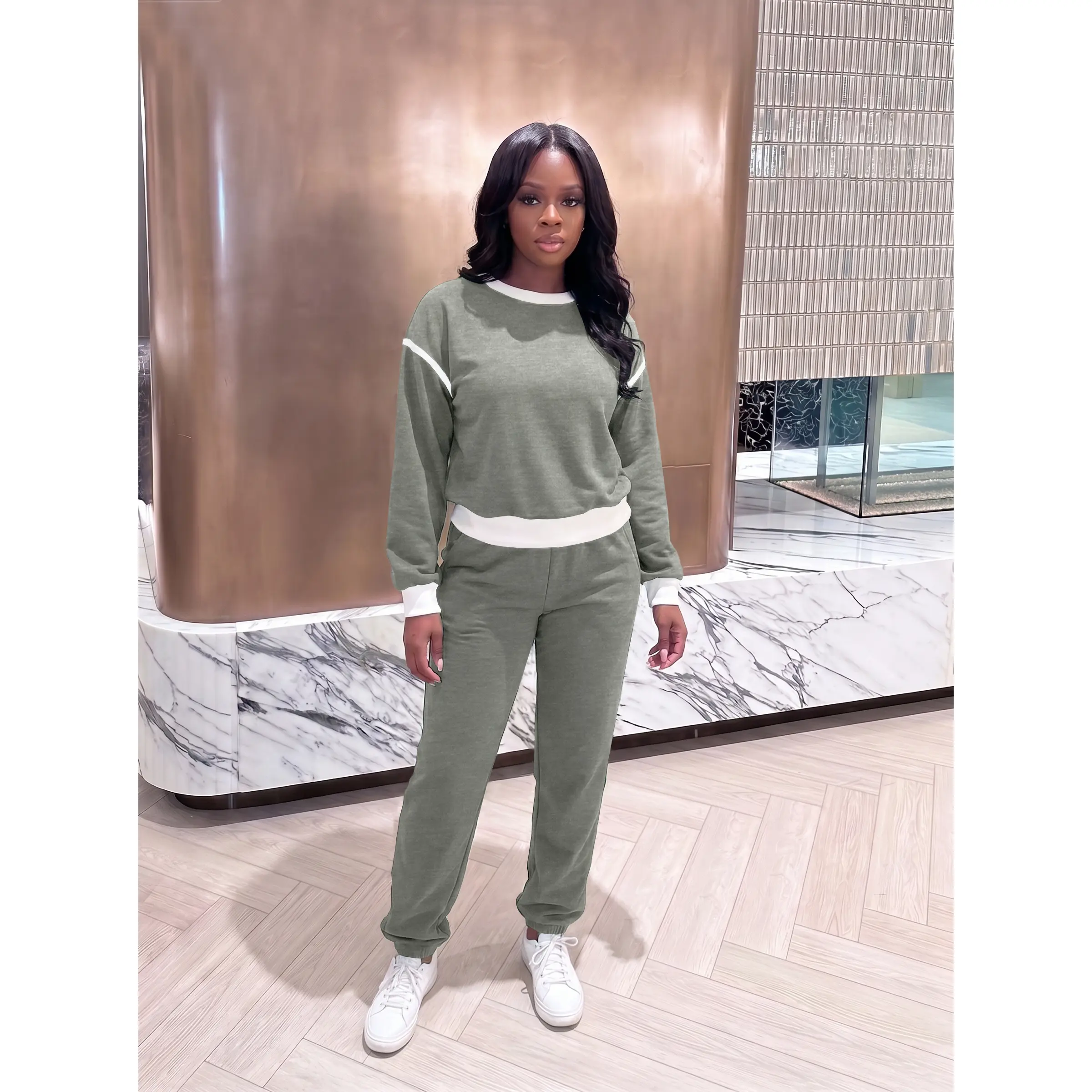 USBOUTIQUE CHIC Women's 2-Piece Loungewear Set, White Trim Crew Neck Sweatshirt + Elastic Cuff Jogger Pants Casual Tracksuit