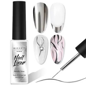 Makartt 8ml Metallic Silver Gel Liner Nail Polish, 3D Mirror Chrome Effect Gel with Built in Thin Brush, Soak Off UV/LED Gel for DIY Manicure, Home, and Salon Nail Art Designs