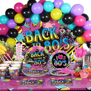 176-Piece 80s Retro Party Decorations with Backdrop, Balloons, Tableware for Themed Birthday