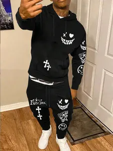 Men's Street Style Hoodie Set, Fall Winter Thick Fleece Warm, Ghost Face Cross New York Print, Casual Couple Wear