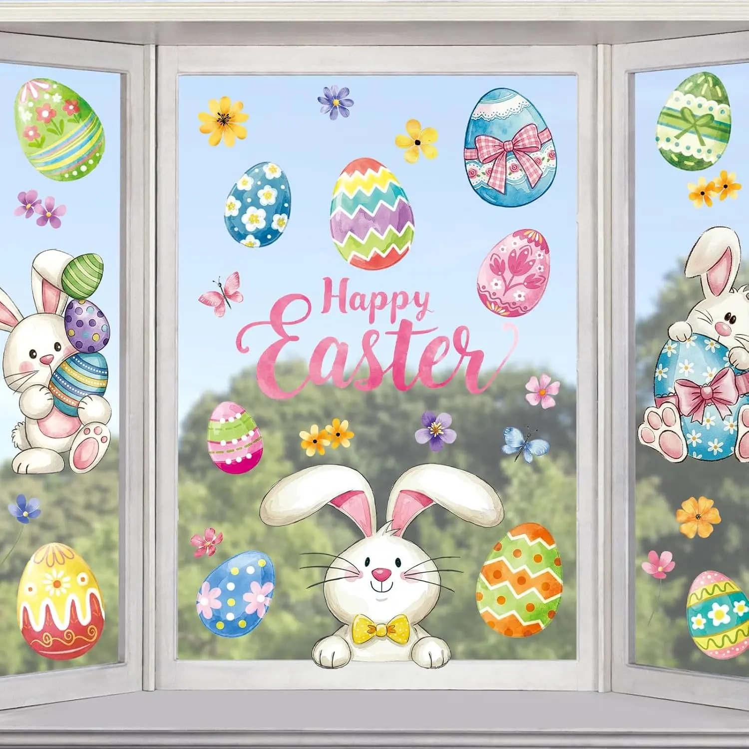 Vintage Happy Easter Bunny Egg Window Clings 6 Sheets, Spring Window Decals Stickers for Home Classroom Party Decorations Supplies, Reusable Eggs Flower Green Pink Cling for Windows (Easter)