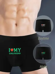 Men's I Love My Girlfriend Glow-In-The-Dark Underwear, Comfortable Breathable Soft Skin-Friendly Briefs, Elastic Sports Inner Shorts, Heart Print Boxers