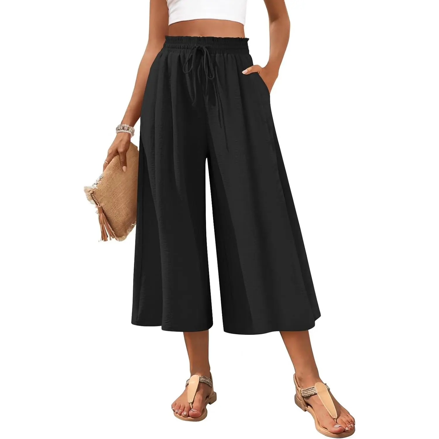 Women's High Waist Elastic Loose Wide Leg Capri Pants, Chic Comfy Cooling Fabric Culottes with Drawstring & Side Pockets, Crop Bottoms for Business Casual & Vacation, Hand Wash Ok, American Sizes, Leg-Lengthening Design