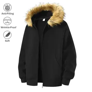 Faux Fur Collar Hooded Jacket Men's Fleece Lined Zipper Up Warm Coat Winter Soft Plush Loose Anti Pilling Wrinkle Free Fall Fabric Menswear Casual Black
