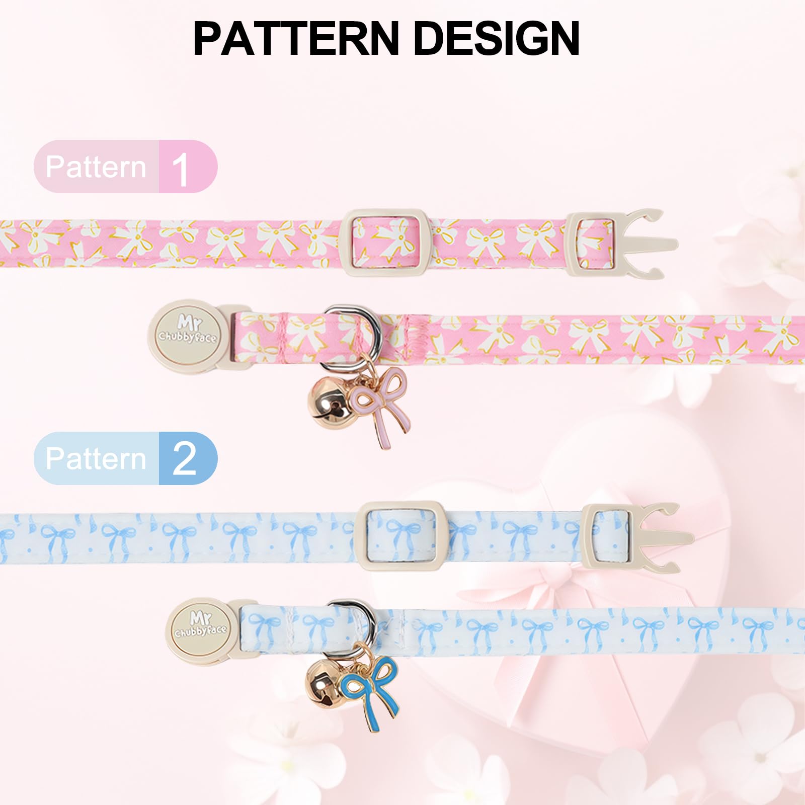 Mr.Chubbyface 2 Pack Cute Pink Cat Collar, Adjustable Breakaway Kitty Collar with Bow Charm for Girl Boy Cats