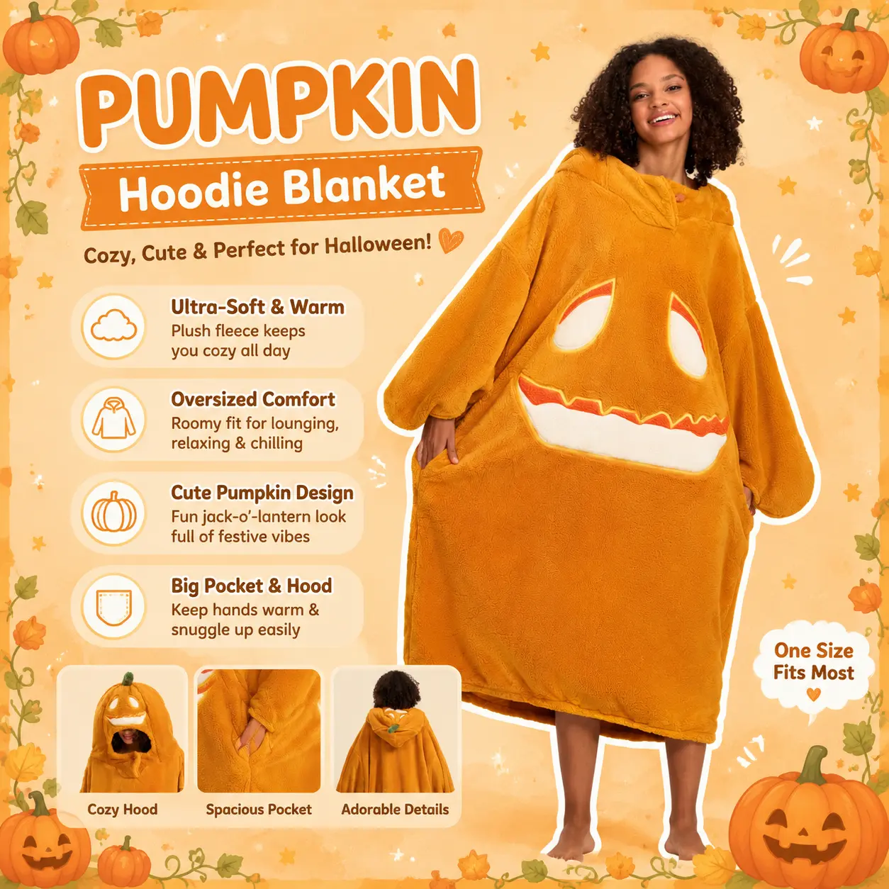Oversized Pumpkin Wearable Blanket Hoodie Soft Fluffy Fleece Jack O Lantern Cozy Lounger with Big Pockets Halloween Gift Loungewear Cosplay Costume