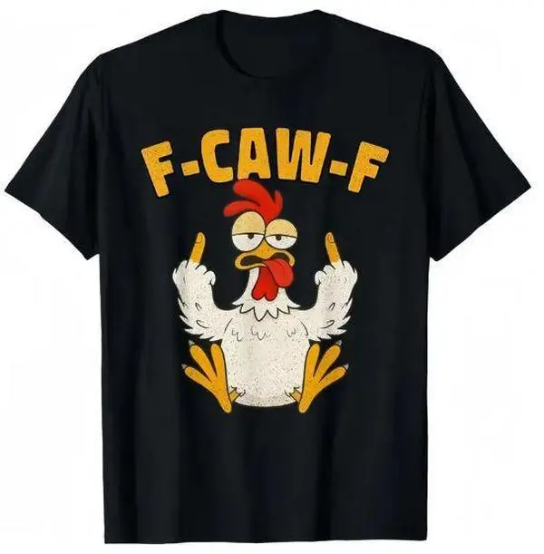 F-CAW-F Middle Finger Rooster Curse Word Pun Cartoon Distressed Graphic T-Shirt (No Box Included)