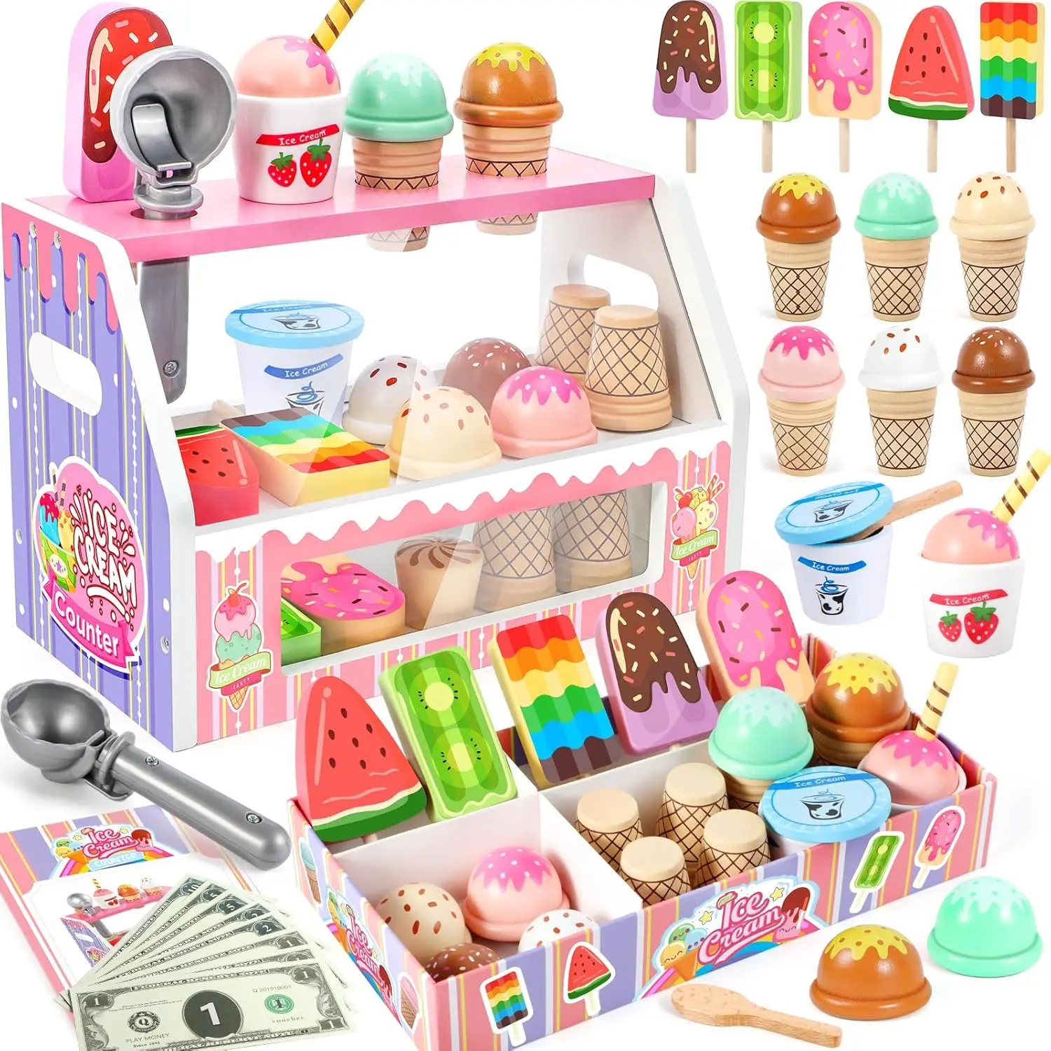 Ice Cream Play Set Toy 3-5, Wooden Pretend Play Ice Cream Shop for Kids 3+ | Pretend Kitchen Food Toys, Christmas Birthday Toy Gift for 3 4 5 6 Year Old Kids Girls Boys