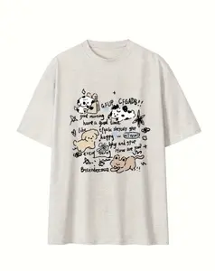Cute Doodle Puppies Hand Sketch Graffiti Print Heather Gray Oversized Unisex Casual Short Sleeve T-Shirt/Dog Lover Gift T-Shirt, Aesthetic Hand Drawn Multiple Puppies Happy Quote Doodle Casual Oversized Daily Top