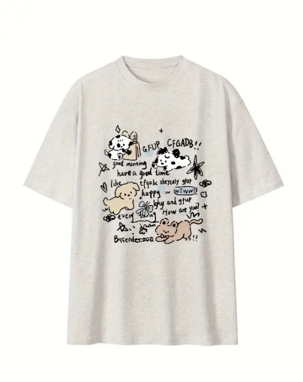 Cute Doodle Puppies Hand Sketch Graffiti Print Heather Gray Oversized Unisex Casual Short Sleeve T-Shirt/Dog Lover Gift T-Shirt, Aesthetic Hand Drawn Multiple Puppies Happy Quote Doodle Casual Oversized Daily Top