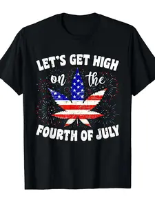 Men's & Women's 4th of July T-Shirt - Let's Get High on the 4th Graphic Tee with American Flag & Leaf Design Heavyweight 220gsm Soft Breathable Crew Neck Unisex Casual Shirt for Independence Day Parties Celebrations & 4th of July Event
