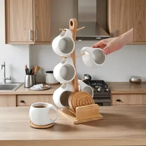 Ceramic Coffee Cup & Saucer Set with Wooden Holder, 6-Piece Drinkware for Home, Office, Cafe