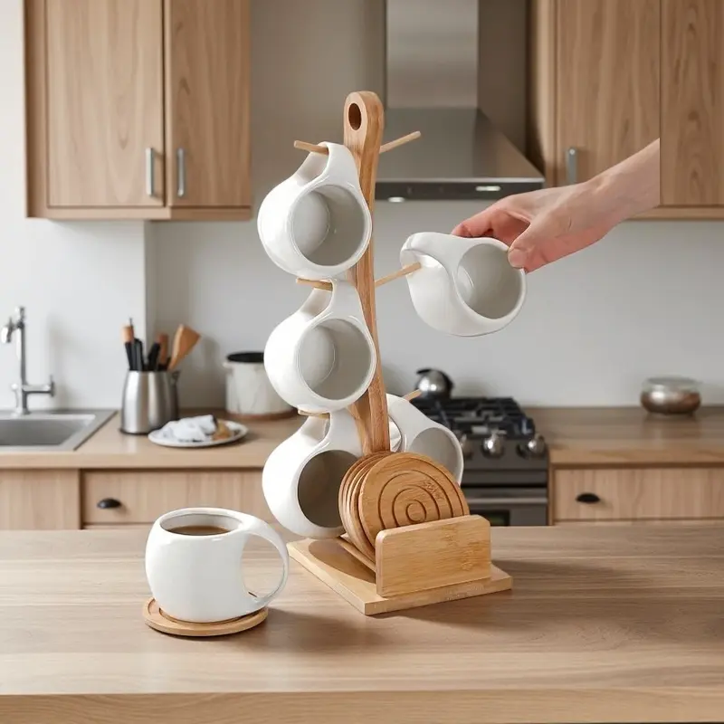 Ceramic Coffee Cup & Saucer Set with Wooden Holder, 6-Piece Drinkware for  Home, Office, Cafe - TikTok Shop