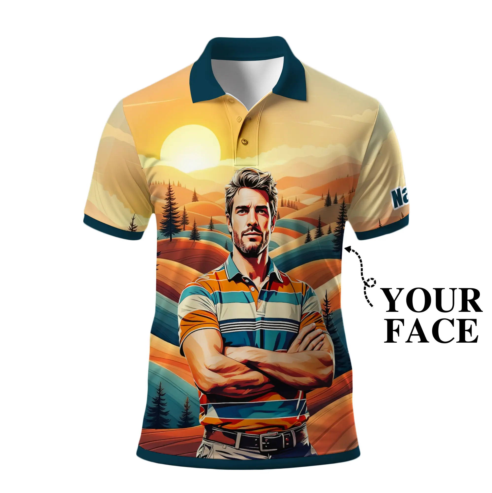 Custom Vintage Americana Golf Polo with Your Face - Retro Personalized Gift for Men - Unique Customization - Perfect for Golf Enthusiasts - Size S-6XL - Machine Washable Lightweight